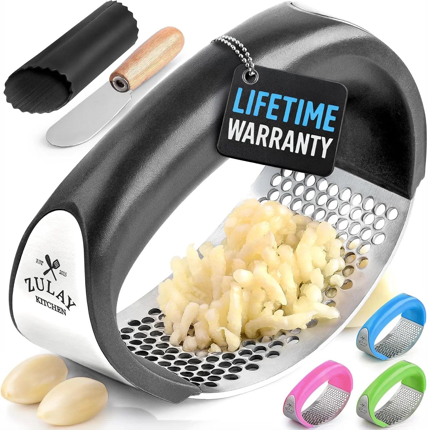 Zulay Kitchen Garlic Press Rocker Set - Stainless Steel Garlic Crusher, Minces Cloves, Includes Silicone Peeler & Scraper - Essential Kitchen Utensil