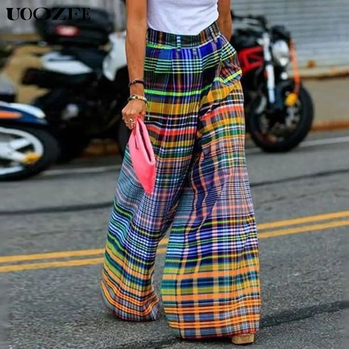 UOOZEE Women's Casual Wide-Leg Pants, Chic Multicolor Checkered Design with Pockets for Everyday Commuting, Bottom, Lady, Trouser, Pocketed, Baggy, Oversized, Checkerboard, Style, Plaid, Fabric, Clothes, Pants For Women, Oversized Cut, High Waist