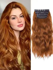 20 Inch Long Wavy Clip-In Hair Extensions, 4pcs Copper Synthetic Hair, Thick Natural Soft Fiber Hairpieces for Women