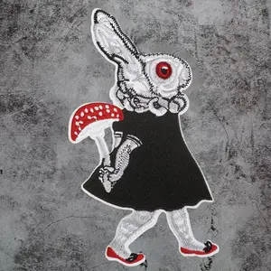 Rabbit Holding Mushroom Embroidered Patch, Back Adhesive Iron-On Applique, Suitable for Clothes Jackets Hats Accessories