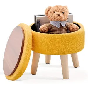 Versatile Storage Ottoman, Round Footstool with Soft Padded Seat, Small End Table with 4 Wood Legs, Teddy Velvet Foot Rest for Couch,Shoe Changing Stool for Living Room (Yellow)