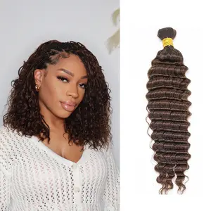 YWIGS #4 Medium Brown Deep Wave Bulk Hair Extensions for Braiding 100g Per Bundle #Summervibes