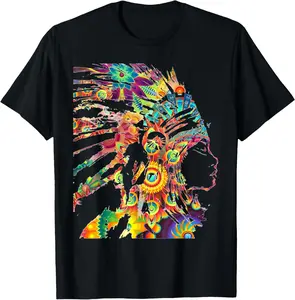 60's Headdress Native American Indian Art Casual Short Sleeve Cotton T-Shirt