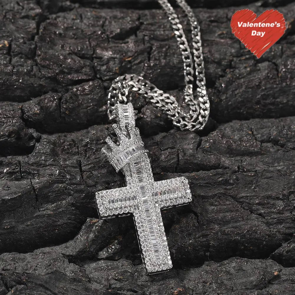 GAB 3A+CZ Ice Crown High Quality Cross,3mm 24Inch Stainless Steel Necklace,Miami Hip Hop Jewelry, Uniex