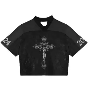 Black Gothic Cross 68 Cropped Mesh Football Jersey Unisex V-Neck Streetwear Casual Summer Sports Oversized Comfortable Breathable Vintage Print Shirt Men Women