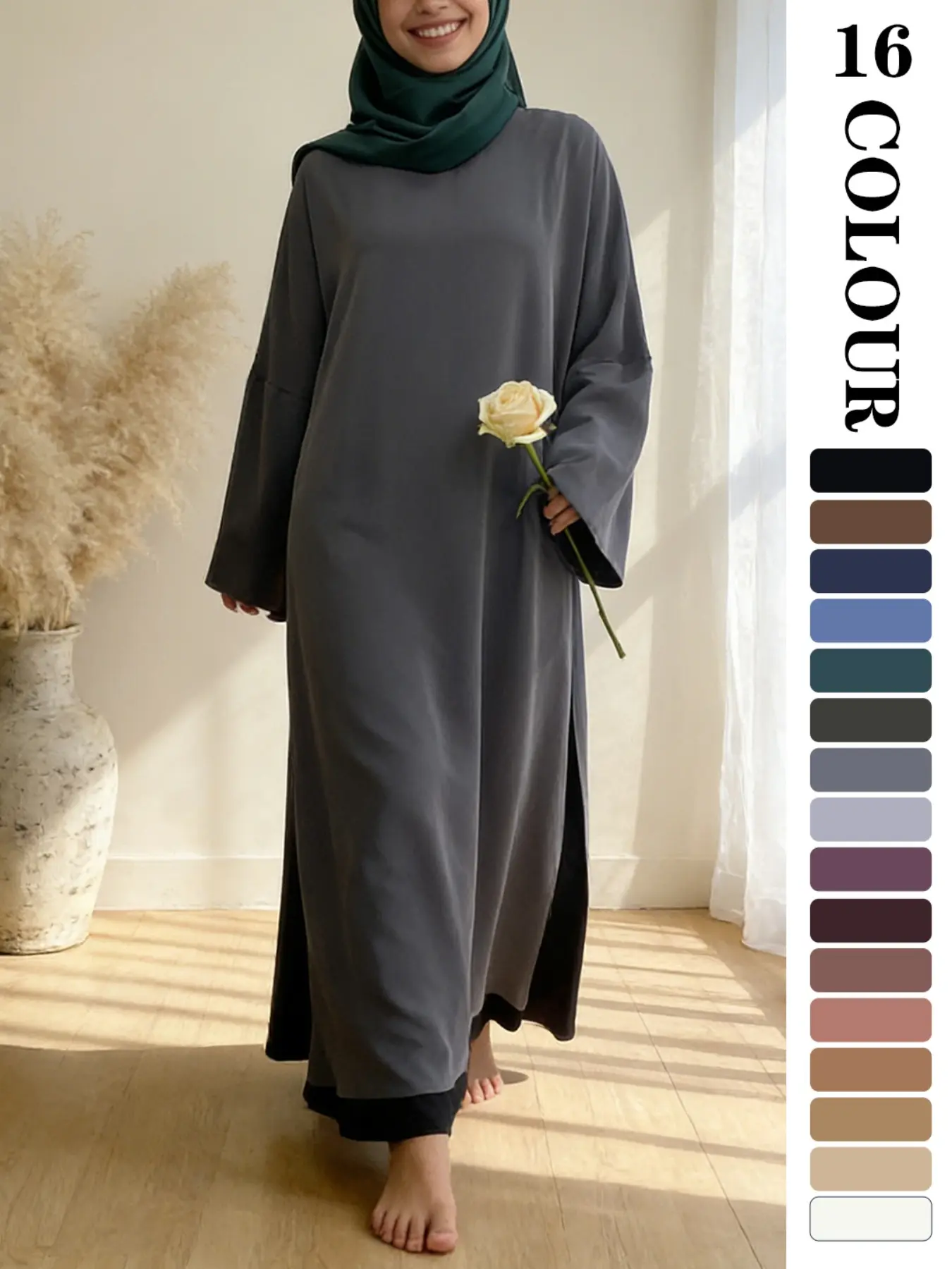 Muslim Sleepwear Nida Fabric, 16 colour Available in 5 Sizes,  Breathable Loose Fit, Side Slit Design, Casual Long Robe, Modest Islamic Clothing, Modest Clothes, Not Included   inner and Hijab