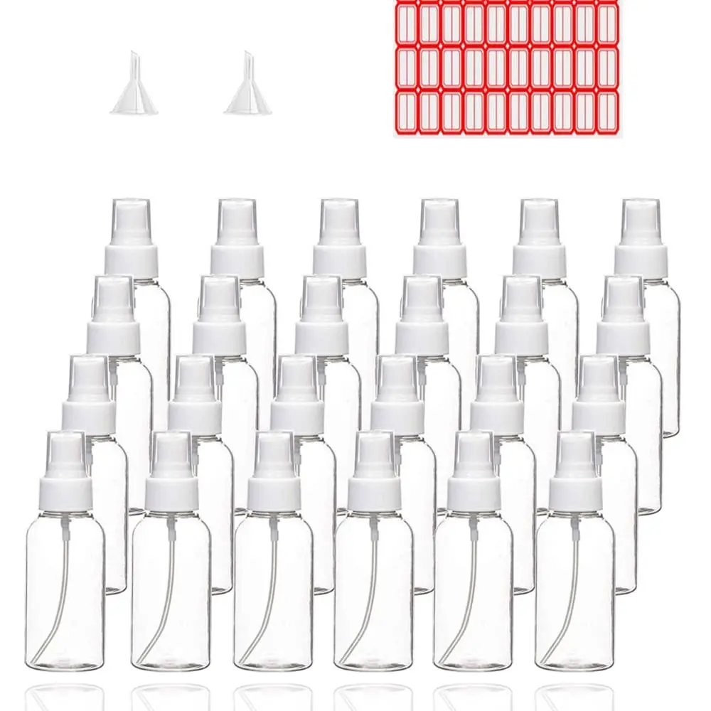 Spray Bottles, 24 Pack 50 Milliliter 2 Ounce Clear Empty Fine Mist Plastic Mini Travel Bottle Set, Small Refillable Liquid Containers