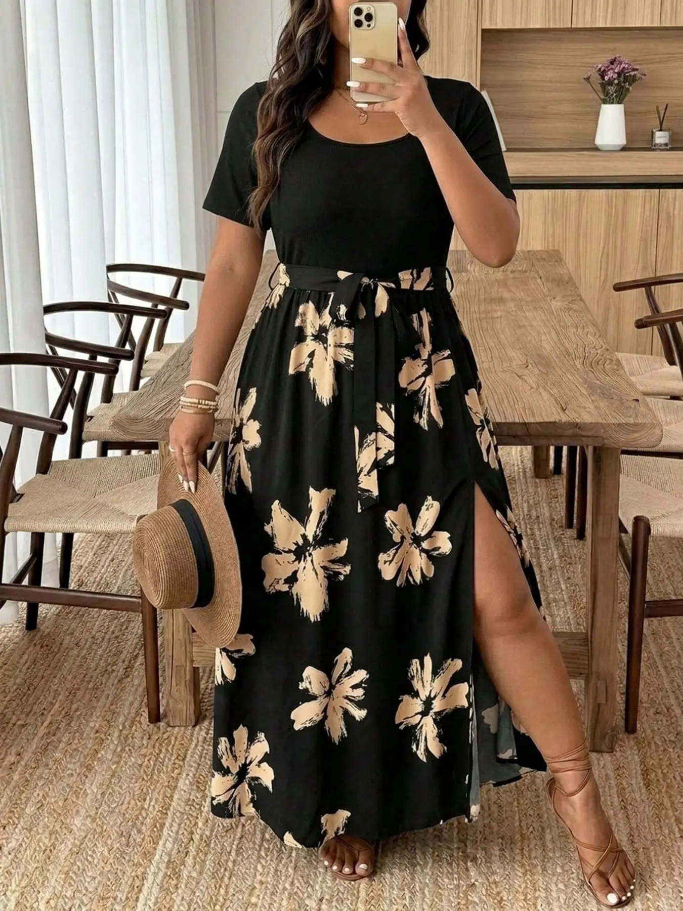 Plus Size Solid & Boho Style Floral Patchwork Print Short-Sleeve Dress, Comfortable and Stylish, Casual Boho Chic, Perfect for Vacation, Beach, Everyday & Casual Wear