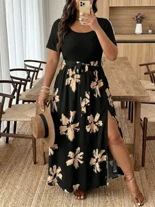 Plus Size Solid Color Patchwork Simple Print Daily Short Sleeve Dress, Perfect for Vacation Beach Everyday Wear, Comfortable and Stylish