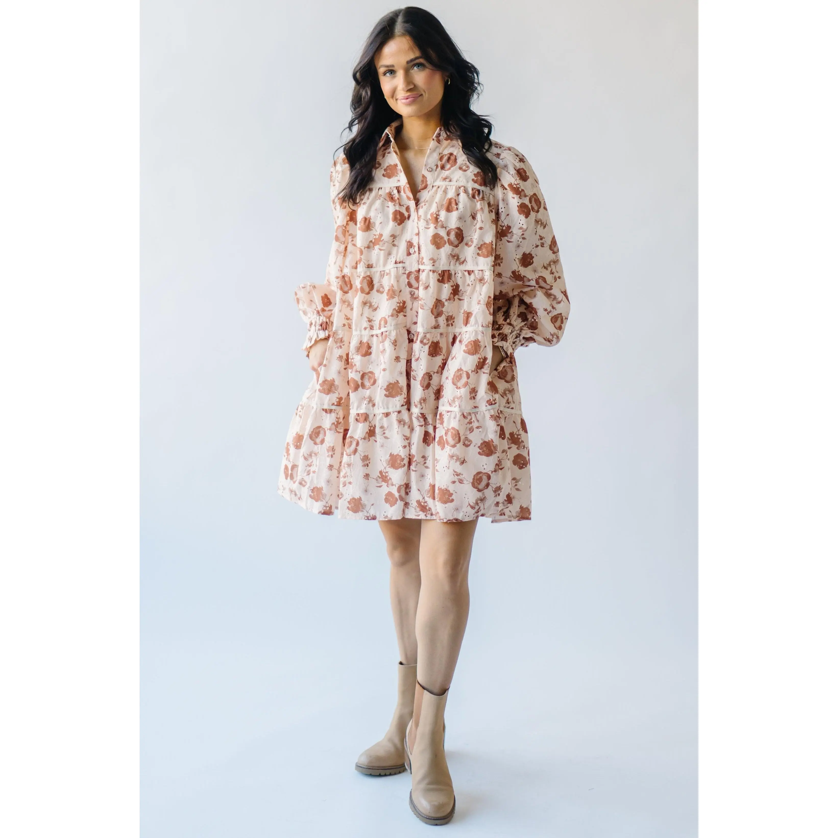 The Laurent Embroidered Tiered Dress in Camel