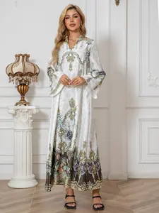Cross-Border Muslim Robe Printed Beaded Long Dress, Abayas Rhinestone Elegant Style, Women's Fashionable Long Skirt Dress