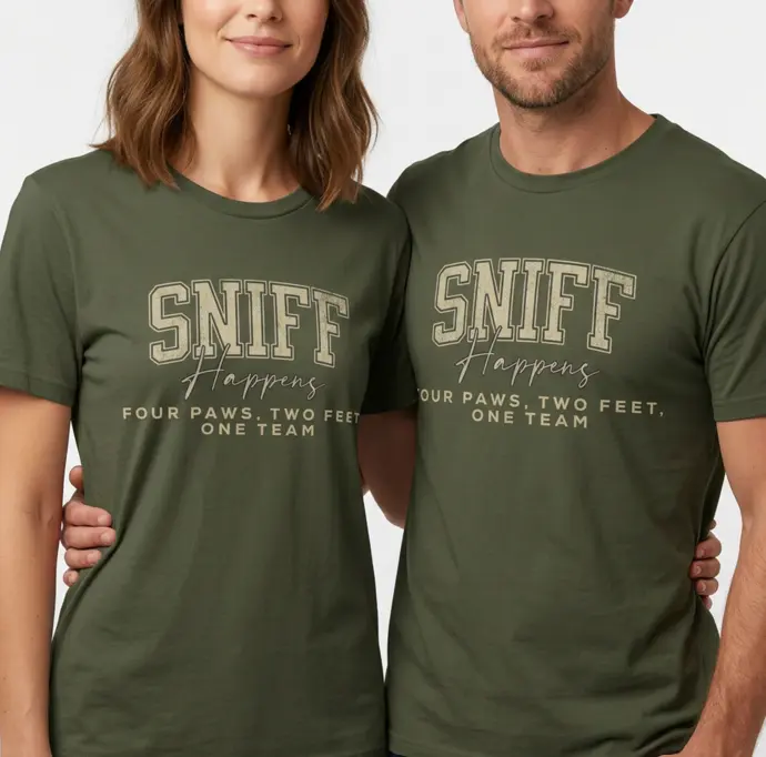 Funny nosework Sniff Happens t shirt for dog sport lovers and scent work weekends
