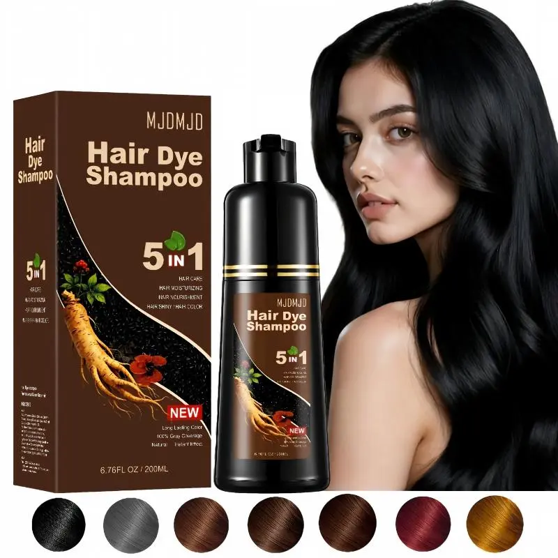 Black Hair Dye Shampoo 5 in 1,Natural Herbal Formula Hair Color Shampoo Covers Gray Hair for Women and Men, Long Lasting Hair Color, Fast Coloring in Minutes ,Portable Mini Pack for Travel & On-the-Go,200ml healthy plant ingredient