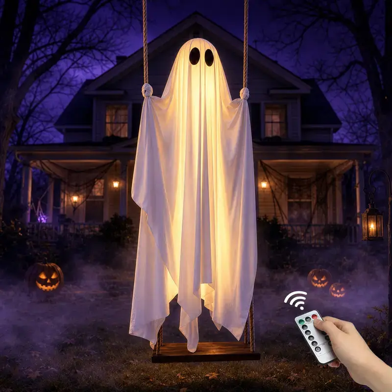 Halloween Outdoor Decorations - 5FT Large Hanging Swing Ghost with Remote Control LED String Lights, Spooky Scary Hanging Ghost Ornaments, Halloween Outside Decor for Tree Porch Yard Garden Lawn Halloween Party Decorations