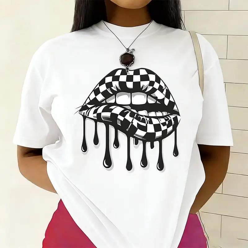 Black White Checkered Drip Lips Graphic T-Shirt, Edgy Street Style 100% Cotton Unisex Classic Fit Casual Top For Women Men Summer Streetwear fashion graphic tee high-quality
