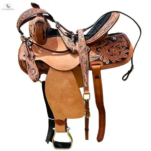 Resistance Adult Western Horse Barrel Saddle For Horse Riding | Floral Tooled With Silver Conchos | Genuine Leather 14" 15" 16" with Free Tack set