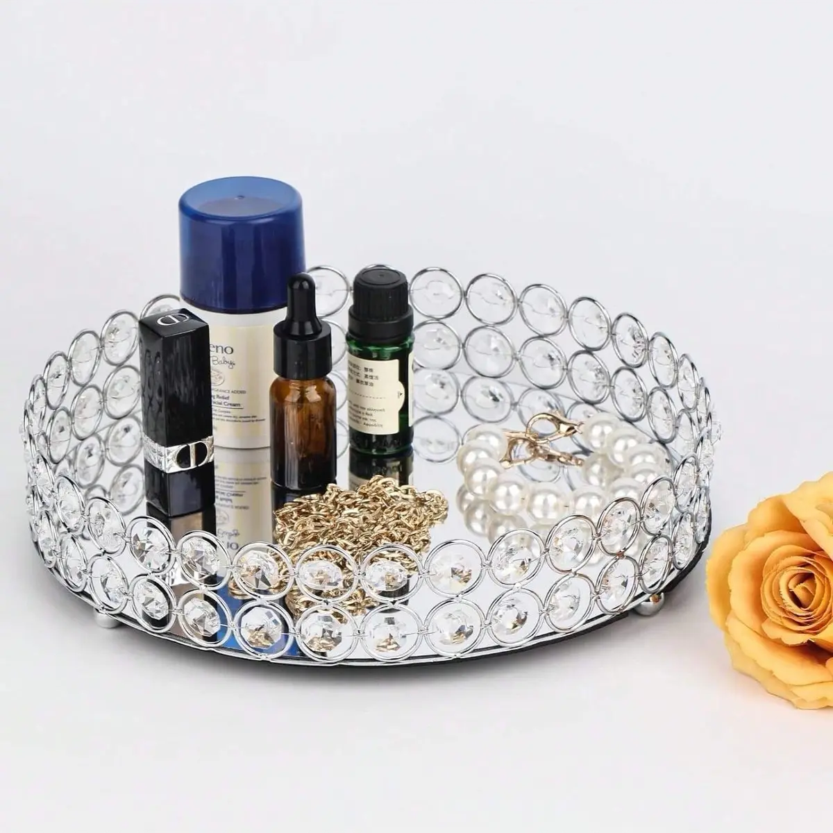 Vanity Perfume Tray - Round Mirror Glass Bathroom Tray with Jewelry Dish, Cosmetic Makeup Organize trayfor Women and Girls' Birthday Gift Portable Mini tray