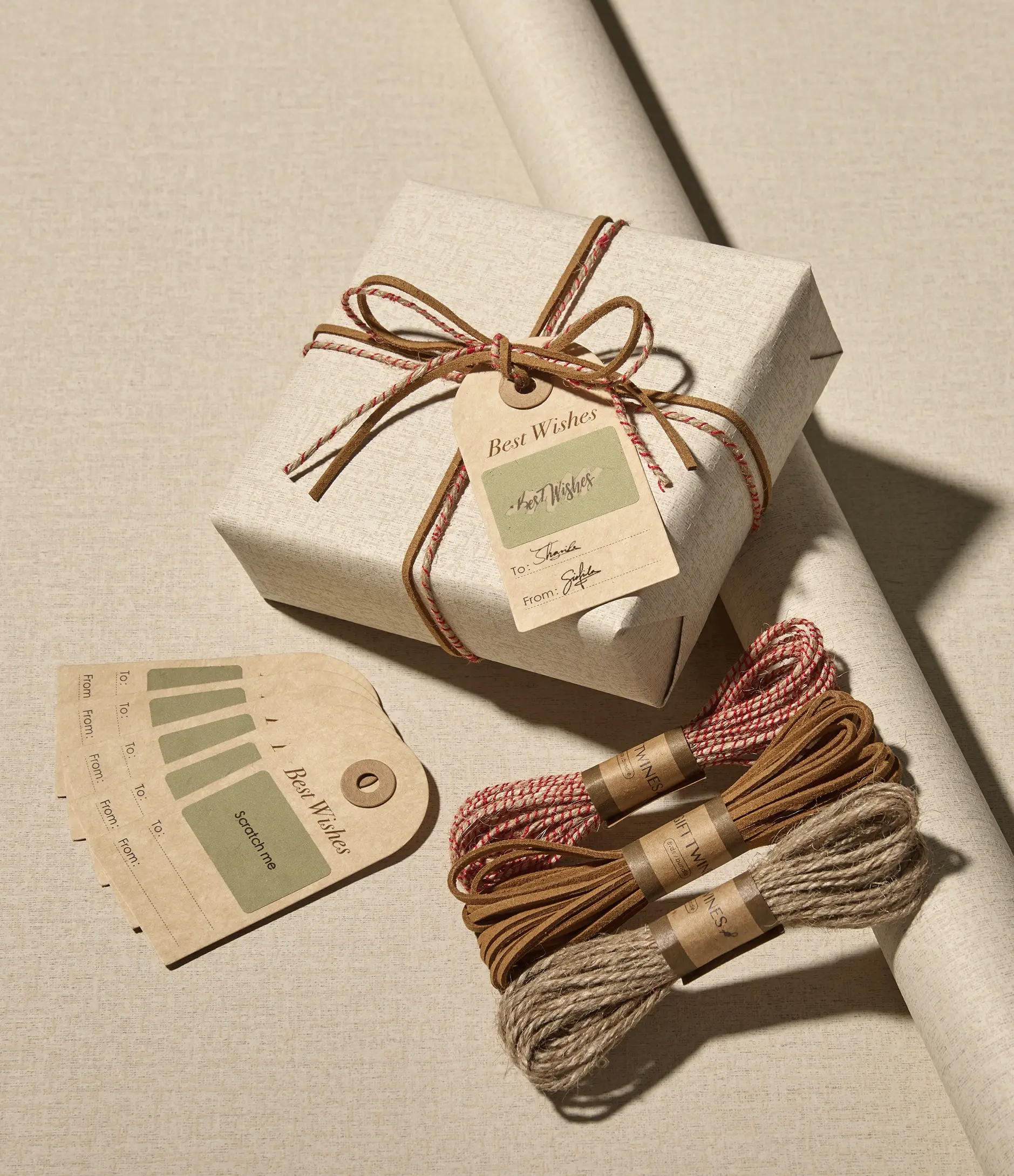 Vitalizart Textured Look Kraft Wrapping Paper Set Pack - Extra Thick Neutral 17in, Twine Ribbon, 6 Scratch-Off Tags, Premium Packaging, Gift Wrapping Supplies for Boyfriend, Birthday Housewarming Gifts