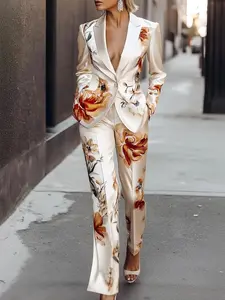 Women's Elegant Floral Trendy Blazer Suit Set, High-Quality Fabric Two-Piece Fitted Long Sleeve, Commuter Style Workwear, Daily Wear, Spring & Fall Fashion