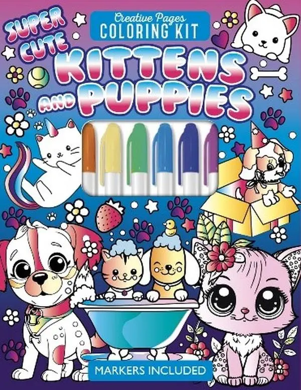Hardcover Kittens and Puppies Themed Children's Coloring Book Set - Included Colorful Marker Pen, Soft Tip Markers for Kids' Art Activities, Included Markers