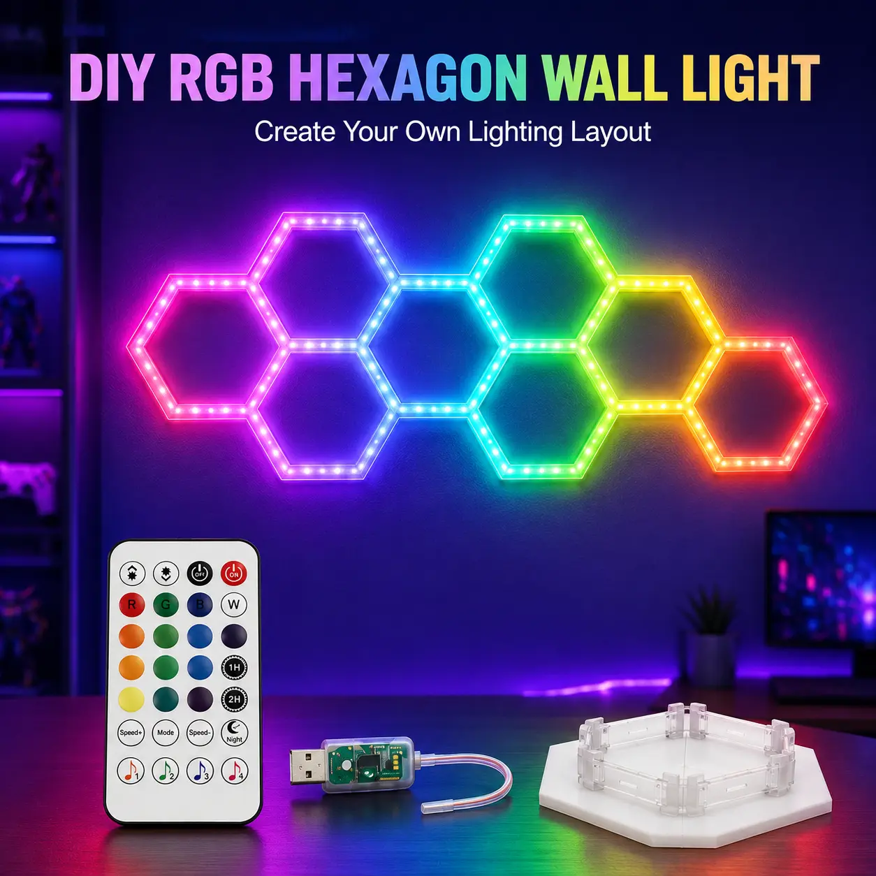 RGB Hexagon Wall Light, DIY Modular LED Wall Panels with APP & Remote Control, Music Sync, Adjustable Brightness, USB Powered Ambient Lights for Gaming Room, Bedroom, TV Wall Decor