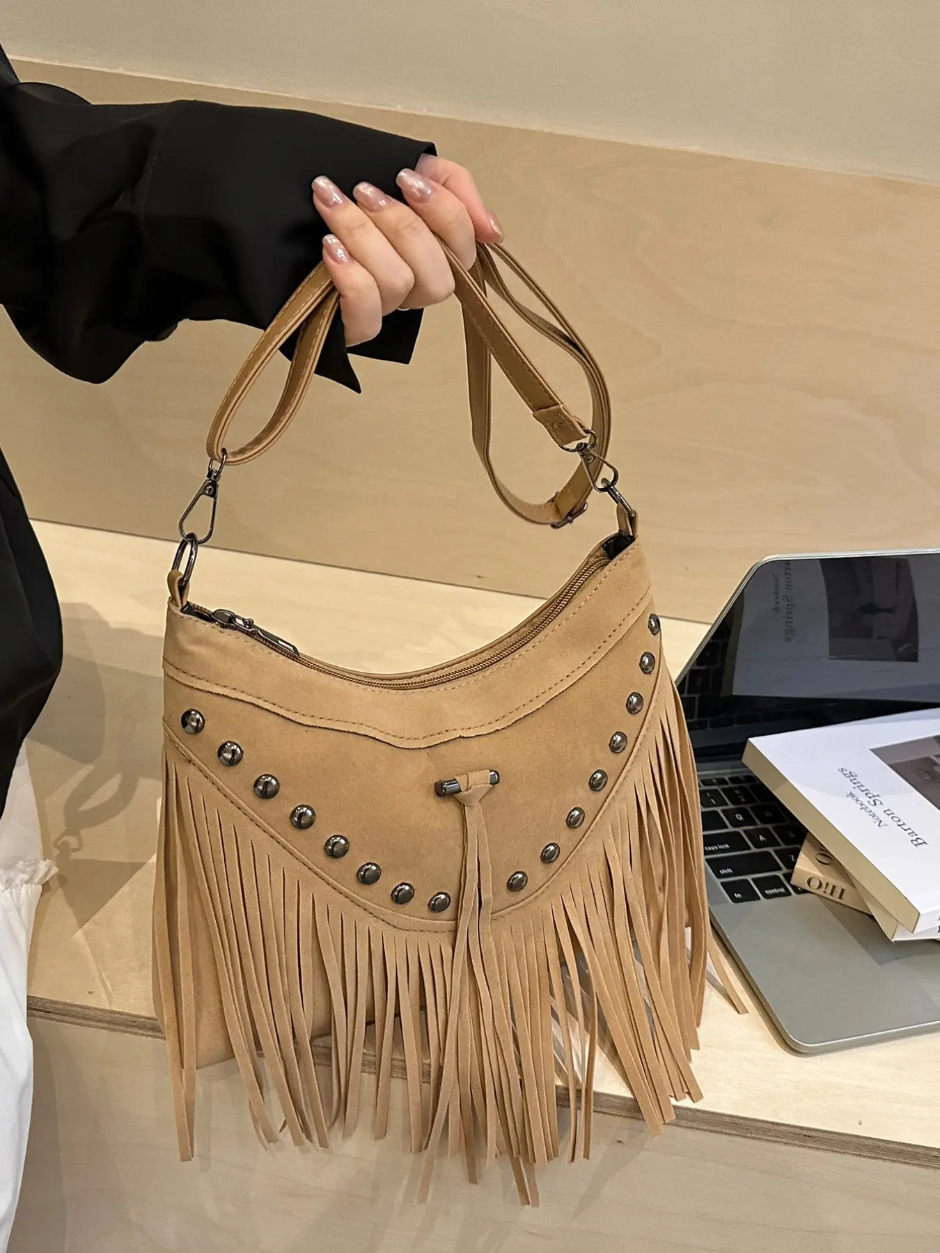 Boho Style Crossbody Bag with Tassel Design, Vintage Rivet Shoulder Bag, Casual All-Season Accessory, Unique Fashion Statement, Casual Trendy Purse, Cross Body Bags, Fashionable Unique Bags