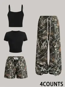 Camouflage four piece set - Womenswear, Casual, street style camisole vest and short sleeved top paired with camouflage high waisted wide leg shorts, perfectly matching Y2K aesthetics, suitable for daily leisure and urban exploration