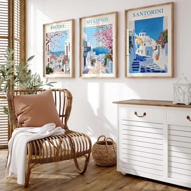 Greek Island Prints Set: Santorini, Mykonos, Rhodes Travel Posters