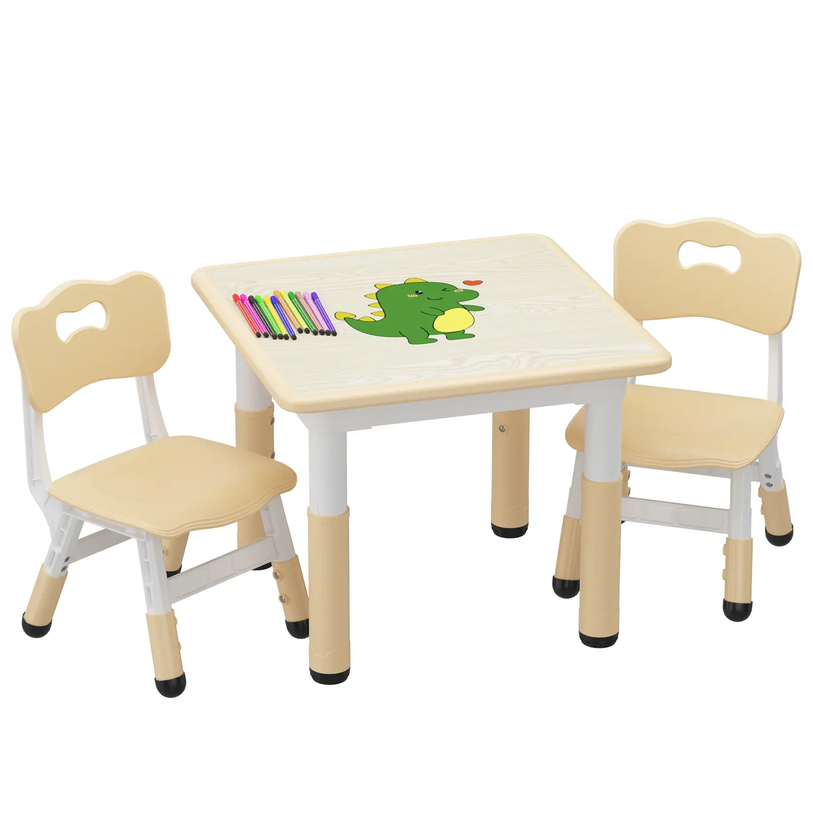 Adjustable Kids Table and 2 Chairs Set – Easy-Clean Graffiti Surface – Non-Slip Legs – Ideal for Playroom, Study area, Nursery – Arts & Crafts Table, Beige Adjustable Kids Table and 2 Chairs Set