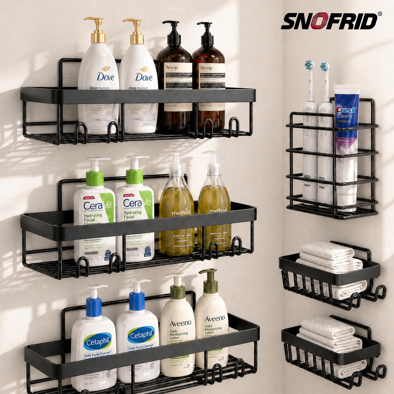 【DealsForYouDays】Snofrid Shower Caddy 6-Pack, Advanced Rustproof Design, No Drilling Adhesive Shelves, Rack with Soap Holder, Large Capacity Bathroom Organizers and Storage, Wall-Mounted Kitchen & Home Decor