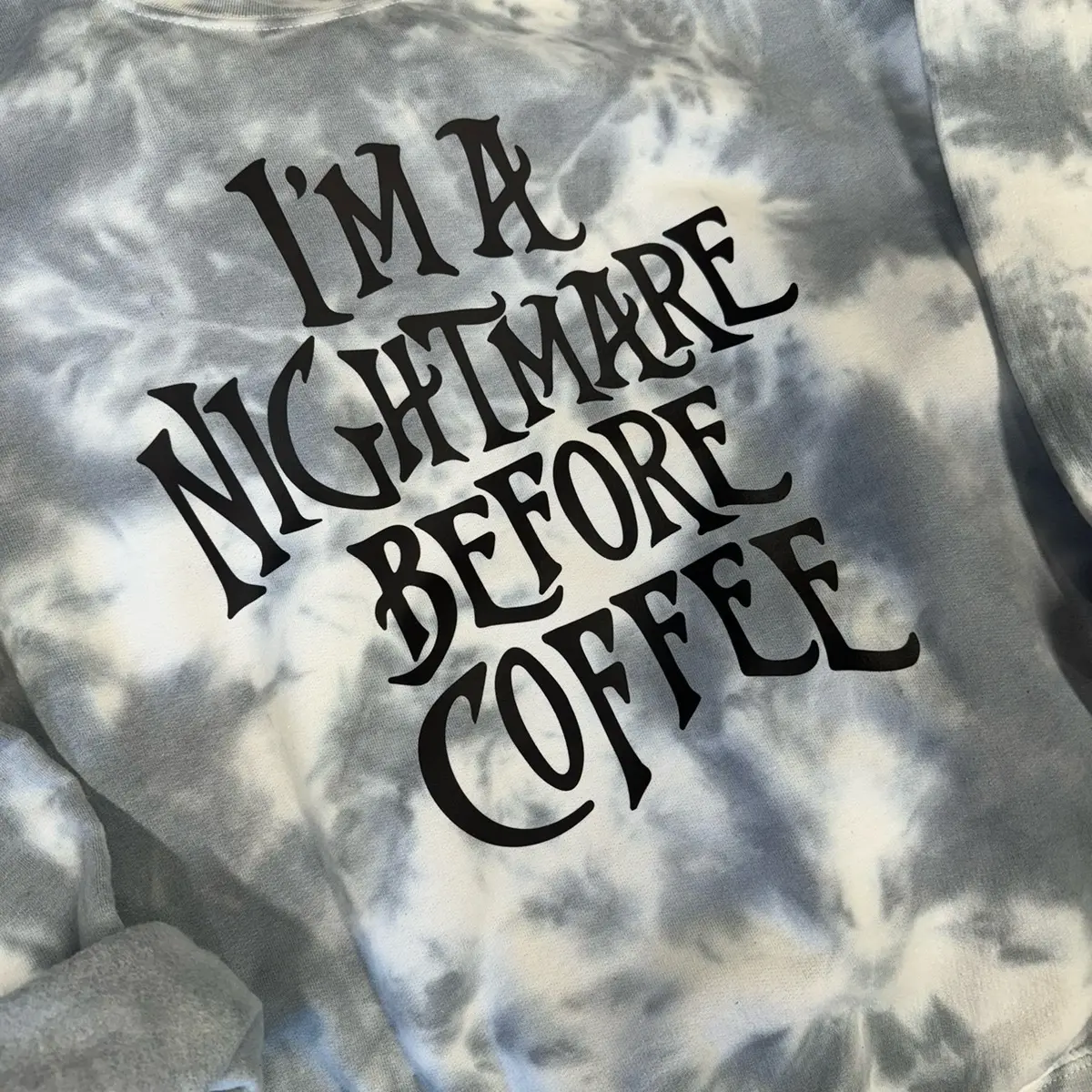 made to order Nightmare before coffee. Halloween. Tiedye. Spooky season. Shirt or crewneck