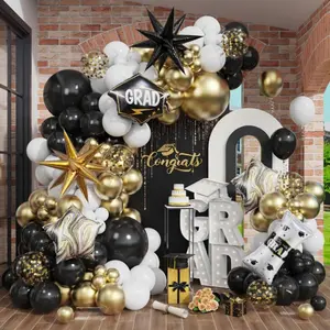 131-Piece Graduation Balloon Arch Kit with Black, White & Gold Confetti, Star & Cap Foil Balloons