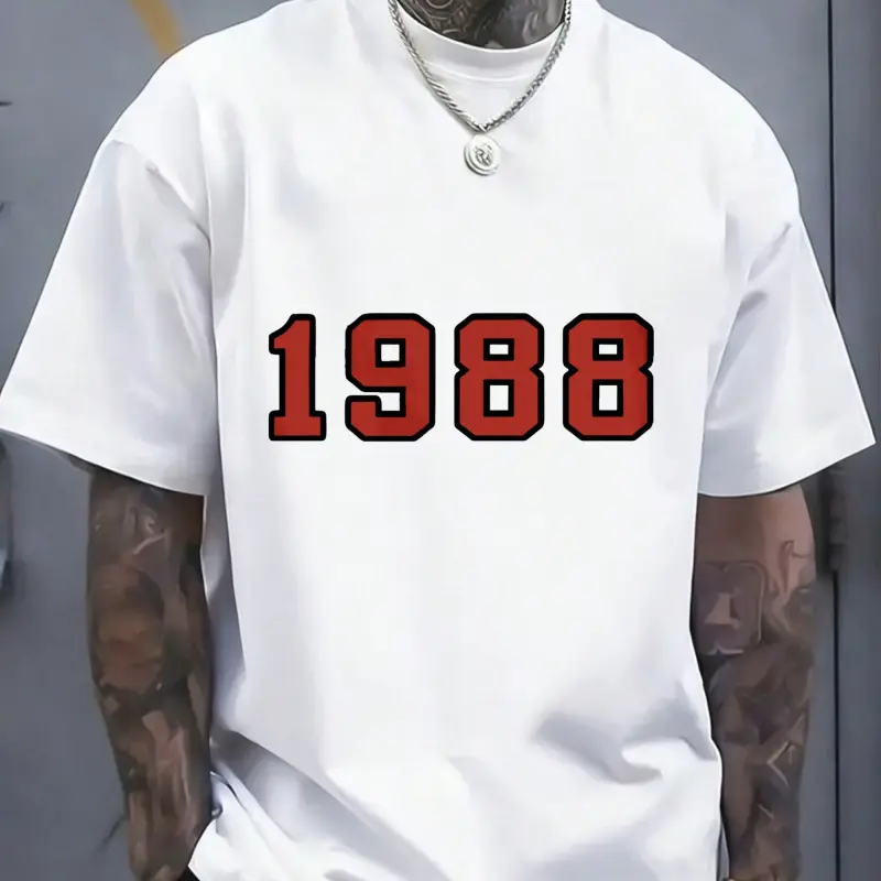 Men's 100% Cotton Retro 1988 Graphic T-Shirt - Slight Stretch, Loose Relaxed Cut, Short-Sleeve, Round Neck, Regular Length, Casual Streetwear Menswear Top, Loose Fit