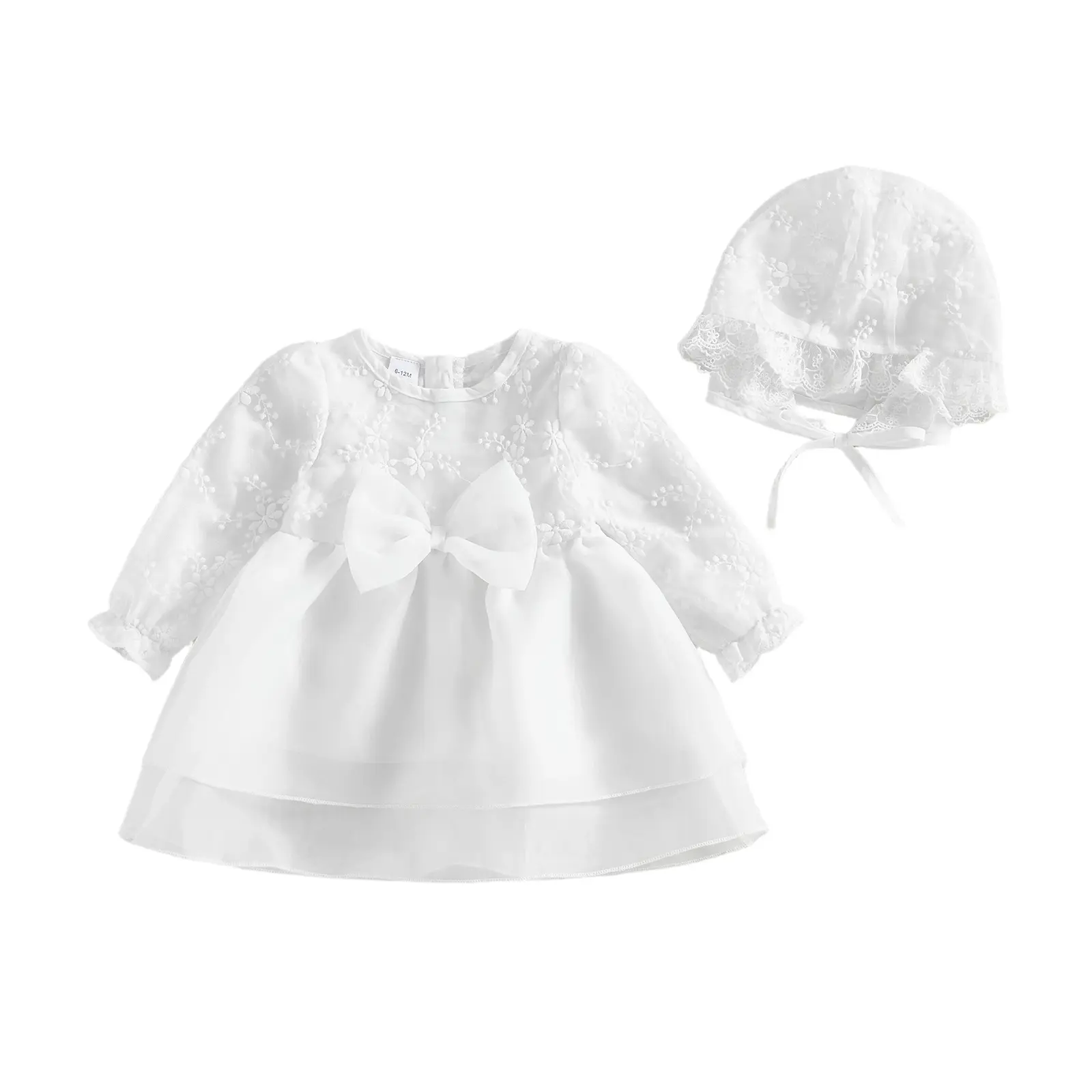 Canrulo Newborn Christening Dresses For Baby Girl Big Bow Decor Flower Embroidery Long Sleeve Tulle Tutu Dress Bonnet Outfit Toddler Girl Baptism Dress Wedding Clothes