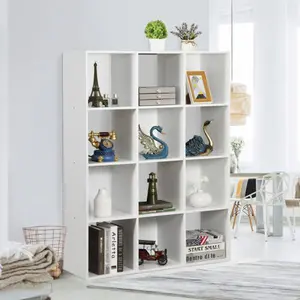 12-Cube White PB Panel Storage Organizer Cabinet with Cubic Grid Design, Flexible Layout Shelves, Installation Instructions for Bedroom & Home Office, Home Supplies Shelf for Room & Household Item Organization