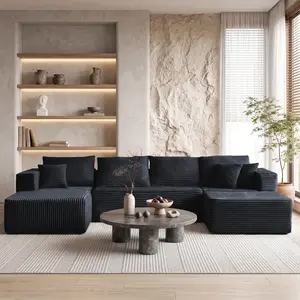 【2 Packages Shipping】MODMOOD 133" Plush Corduroy Cloud Velvet Modular Boneless Couch with Chaise & Ottoman, No Assembly Required - L/U-Shaped Sectional Sofa Set ,   Summervibes Breathable Stain-Resistant Recliner expandable
