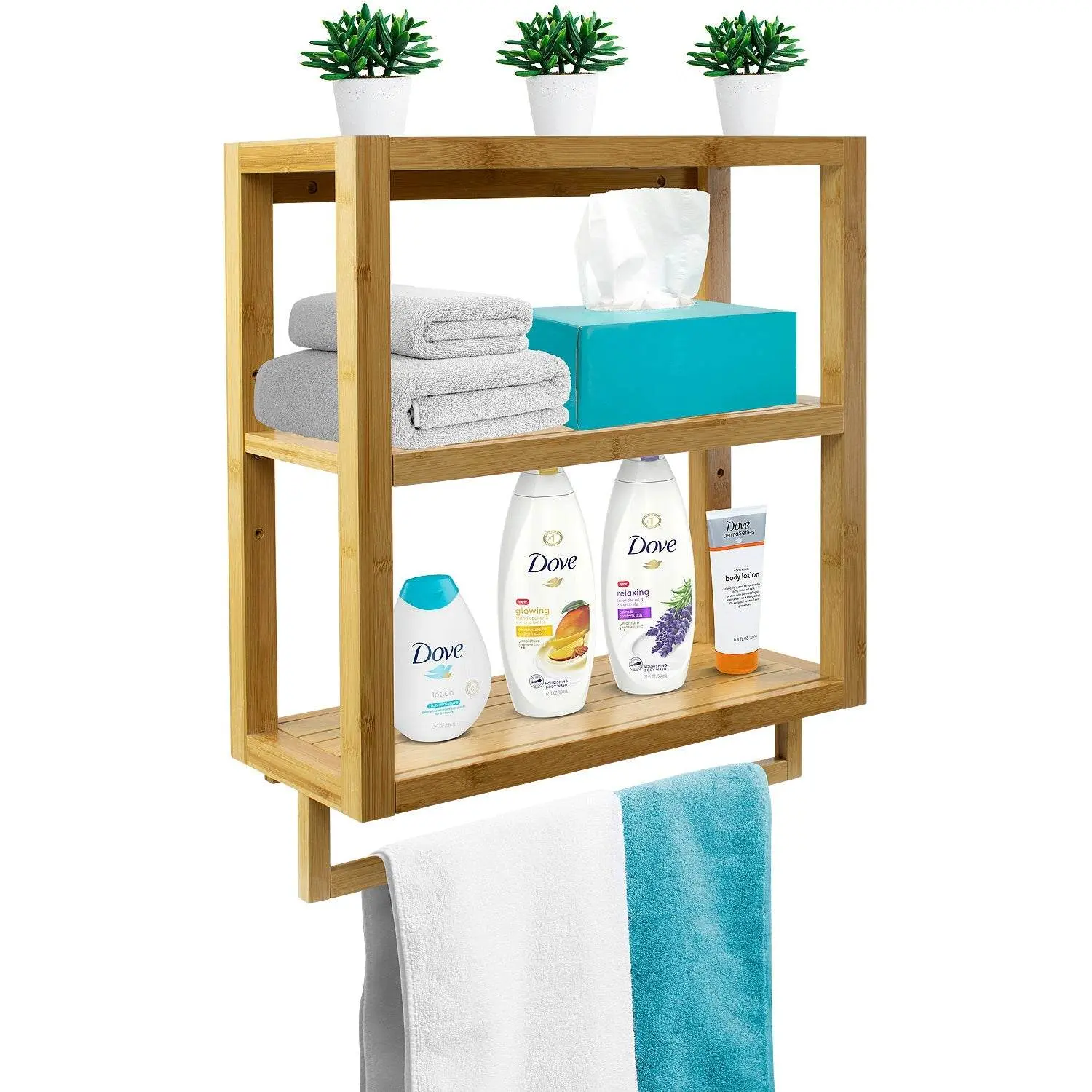 Sorbus Bamboo 3-Tier Wall Mount Shelves with Towel Rail Bar - Durable Bathroom Organization Solution, Wipe Clean for Kitchen Storage & Display