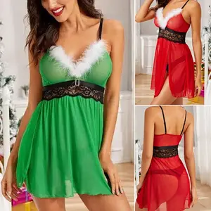 Sexy Lingerie Women's Babydoll Sleepwear Lace Nightwear Side Split Christmas Dress With G-string