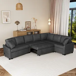 [3-package delivery] Niccae 124.8-inch L-shaped sofa, convertible into a sofa bed, with two cushions, two USB ports, and two power outlets, suitable for living rooms, gray and beige., Upholstered Sectional, Chenille Couch