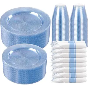 350 Pieces Blue Glitter Dinnerware Set 50 Guest for- 50 Dinner, 50 Dessert -50 Per Rolled with Blue Cutlery - 50 Disposable Cups 9 OZ
