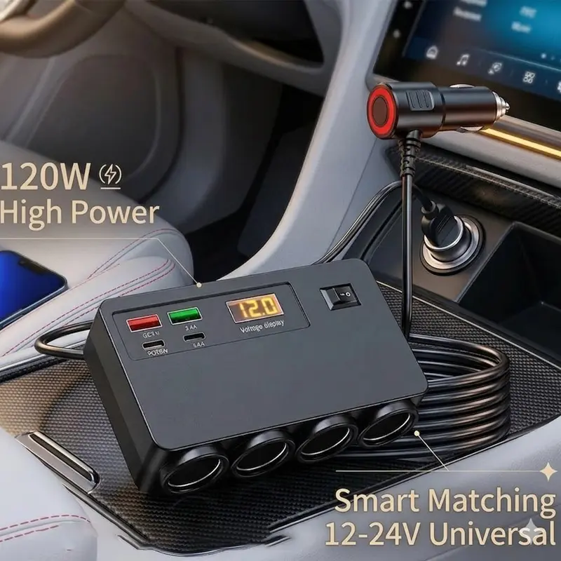 Nuokaiqi 8-in-1 120W High Power Fast Charging Car Charger Adapter, 120W Output Auto Accessory for Cars - 4 Sockets, 2 Type-C Ports, 2 USB Ports, LED Voltage Check, Independent Switch, 12V/24V Universal, Car Interior Accessories