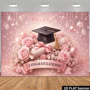 2D "CONGRATULATIONS!" Banner Backdrop with a Sparkling Starlight Theme, Featuring a Pink "CONGRATULATIONS!" Banner, Black Graduation Cap, Golden Tassel, Pink Roses, White Breath, Pink Candles, Pink Gift Boxes, Pink Christmas Ornaments