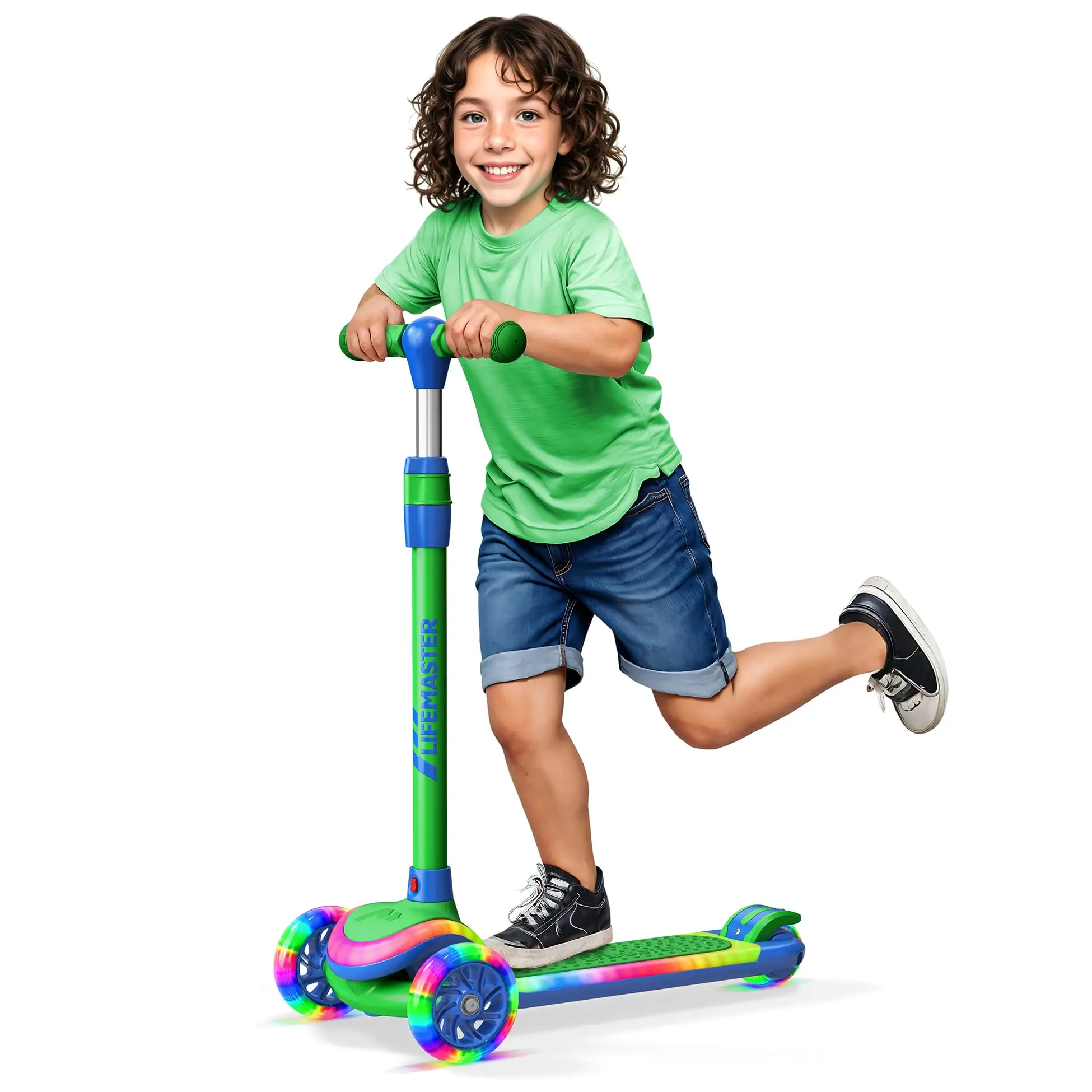 3-Wheel Kids Scooter with Multi-Color Lights on Deck & Wheels – 5-Height Adjustable Handlebar, Wide Anti-Slip Deck, Child Safety Certified, Boys & Girls Ages 3+ Supports Up to 150 lbs
