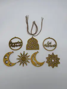 7 pcs Ramadan Eid Ornaments Set – Islamic Wooden & Gold Hanging Decorations | Arabic Ramadan Decor | Muslim Holiday Tree Ornaments Gift (Set of 7)
