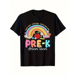 Groovy Rainbow Pre-k Dream Team Women's Casual T-shirt Black Crew Neck Soft Breathable Short Sleeved Top for Kindergarten Teachers Family Friends New Year