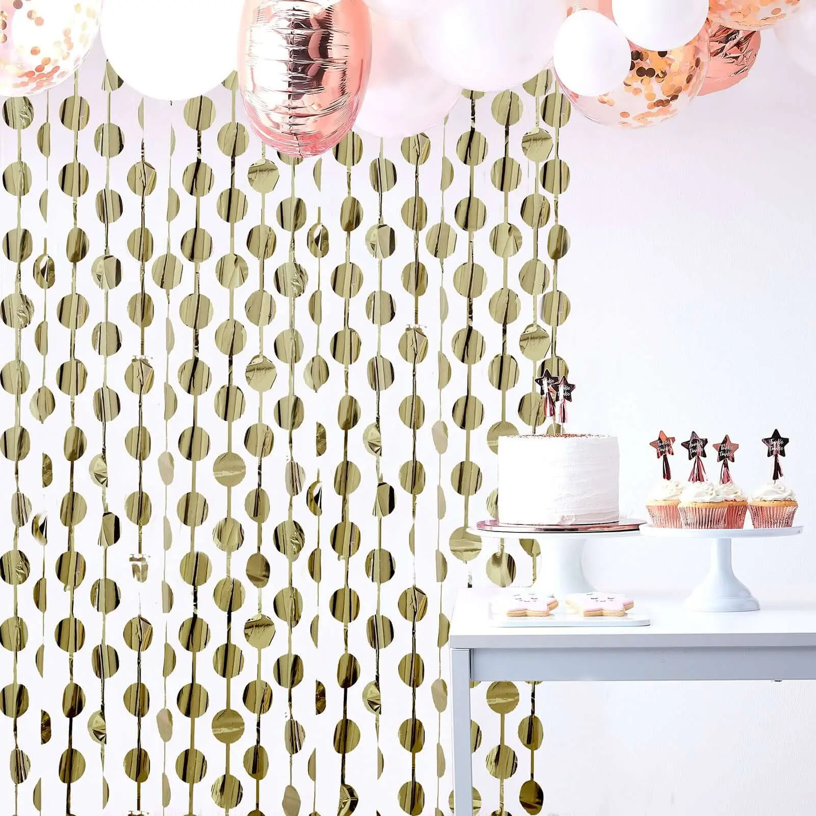 Champagne Round Chain Foil Fringe Curtain Party Backdrop, Metallic Champagne Tinsel Streamer Party Decor - Door Window Foil Curtain - 3ftx6.5ft