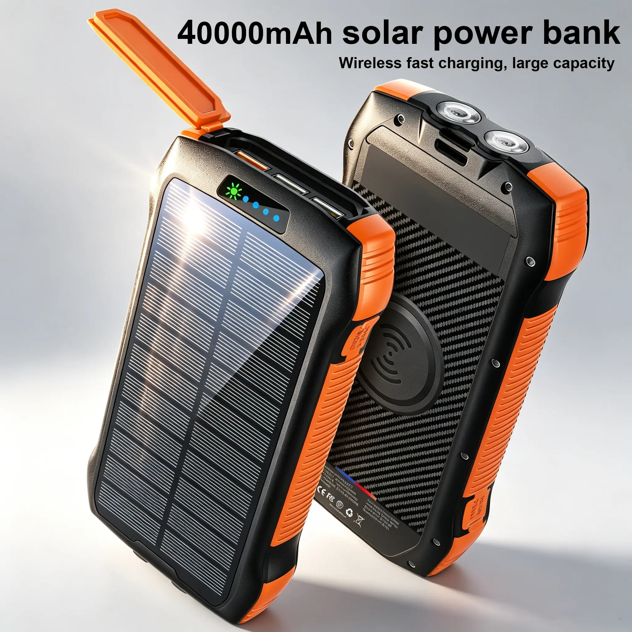 40000mAh Solar Power Bank 15W Wireless 22.5W Fast Charging 3 USB Outputs LED Flashlight IP67 Waterproof USB-C Emergency Outdoor Multifunctional Power Bank Solar Charging Battery Portable Power Bank Phone