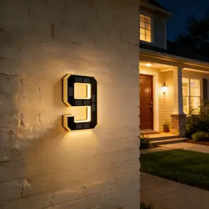 Isunmea 9 Inch Solar Lighted House Numbers Waterproof LED Backlit Illuminated Signs, Modern Light Up House Address Numbers for Outside Exterior Wall, Personalized Home Door Number Decor Plaque