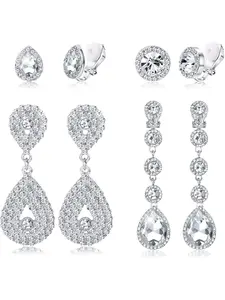 4 Pairs Silver Clip on Earrings for Women Elegant Rhinestone Clip on Earrings Dangle Drop for Brides Bridesmaids Non Pierced Earrings Set
