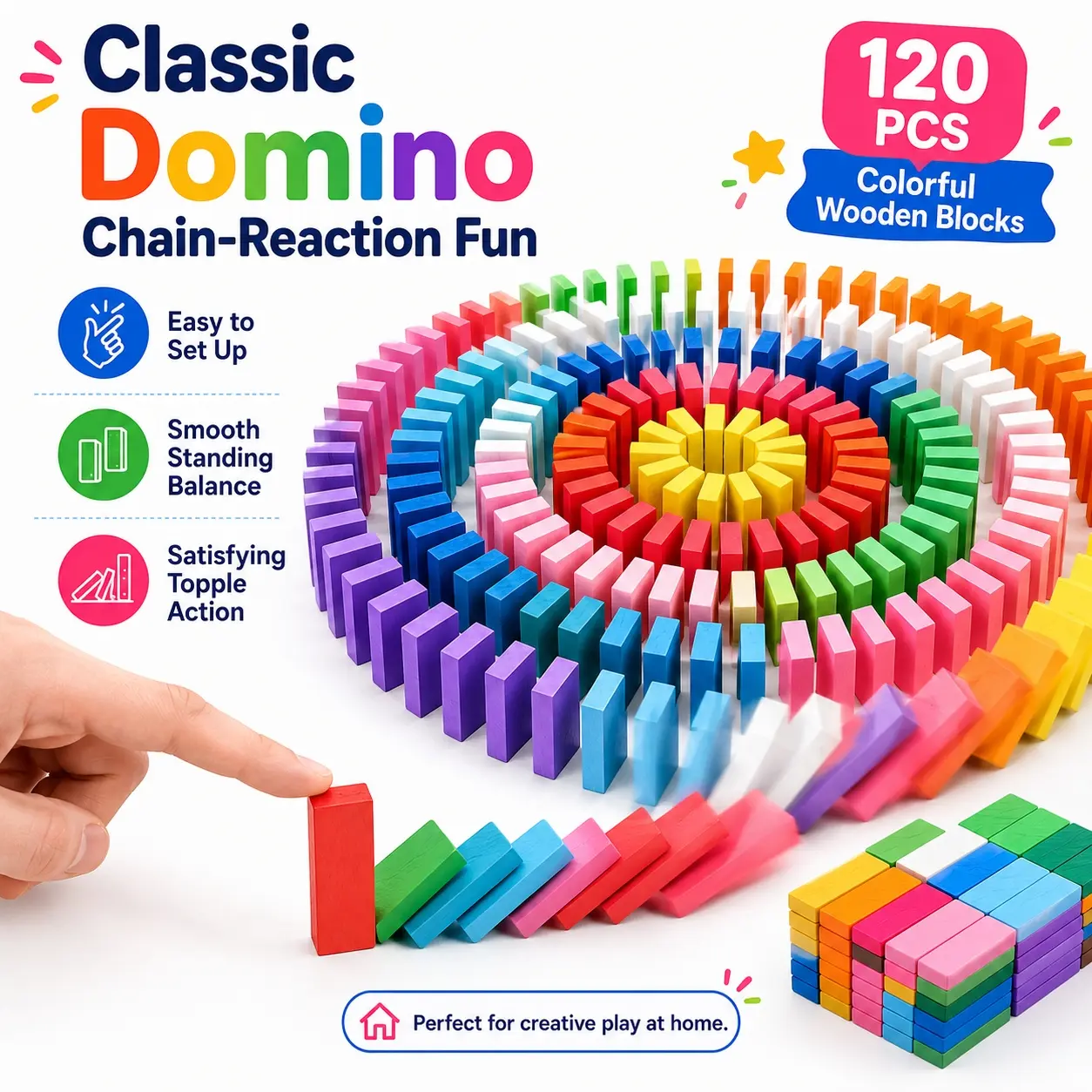 120 Pcs Colorful Wooden Domino Blocks Set, Blocks Tower Game, Tile Bulk Building Racing Stacking Games Educational Toys for Kids Birthday Party Favor Family Fun Game Smooth Surface, Ideal for Chain Reaction Challenges, Creative Designs, Team Building